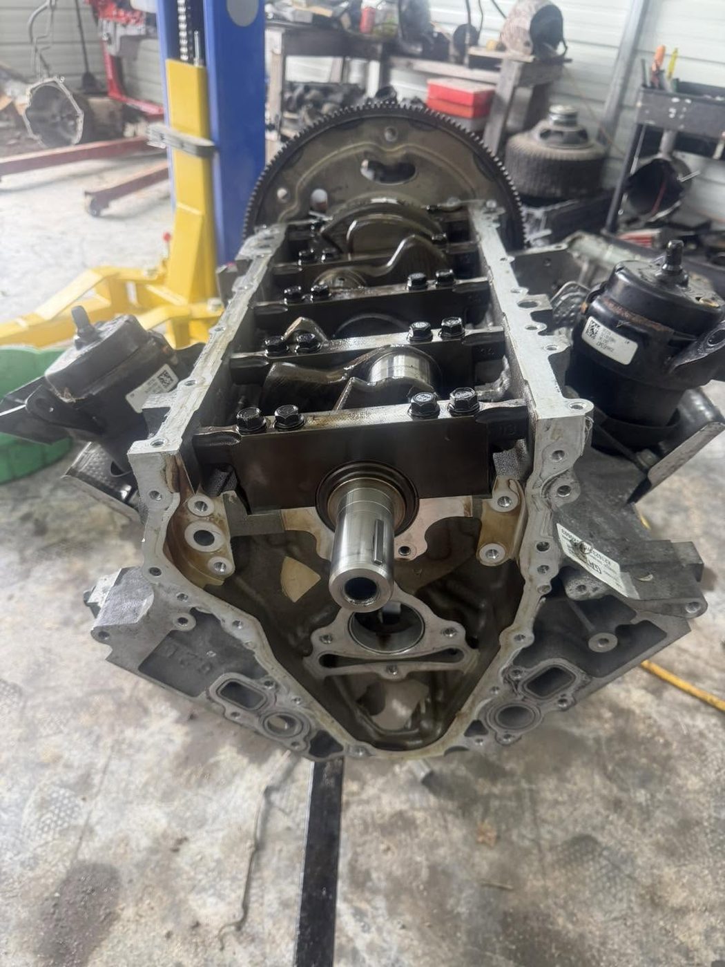 A bare engine block prepared for a rebuild
