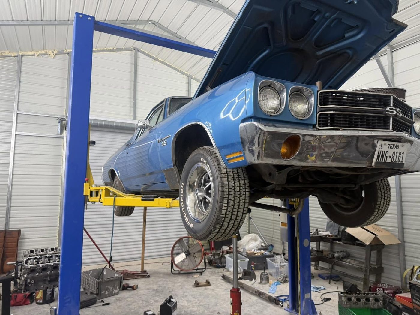 A classic Chevelle up on the lift inside the KND Performance shop
