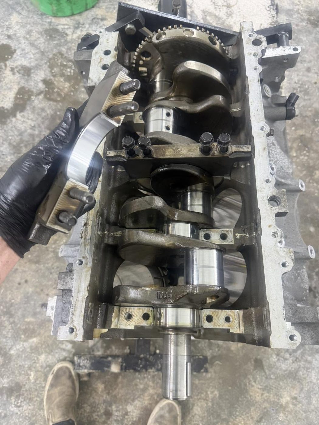 A crankshaft and rotating assembly fitted into an engine block