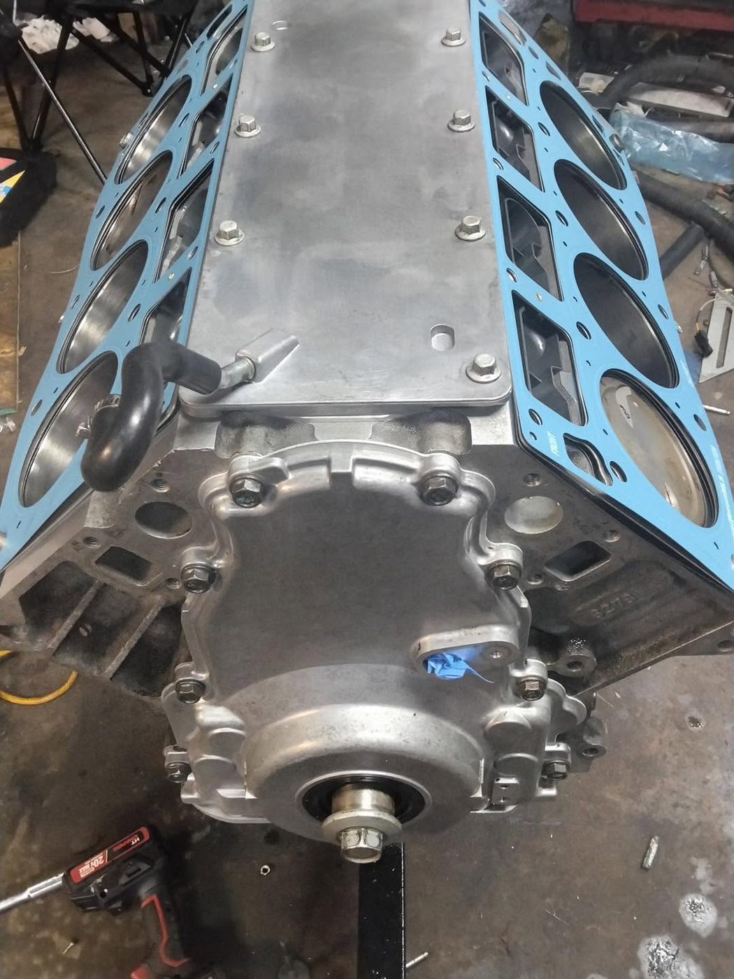 A supercharged engine assembly on the stand
