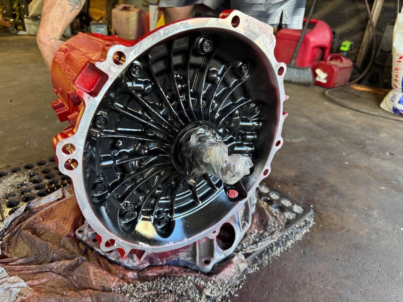 A torque converter and bellhousing during a transmission rebuild